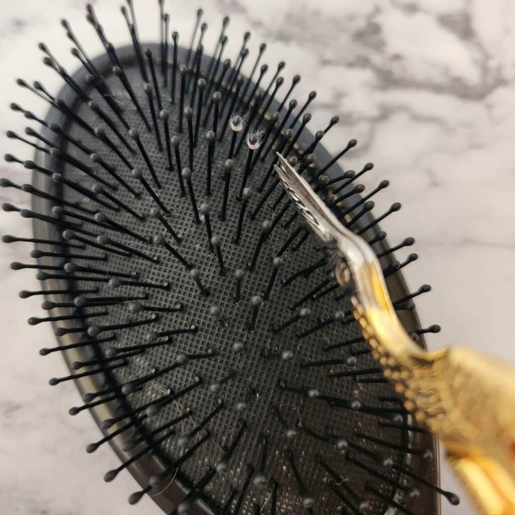 cutting grey fuzz out of hairbrush