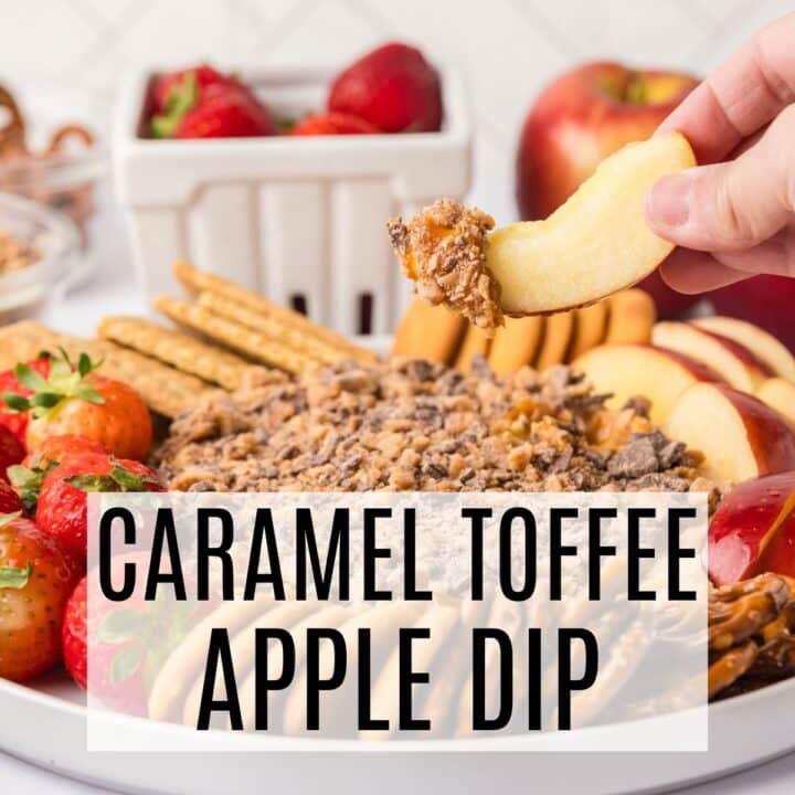 apple dip on a plate with the words caramel toffee apple dip