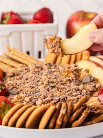 caramel apple dip on an apple slice