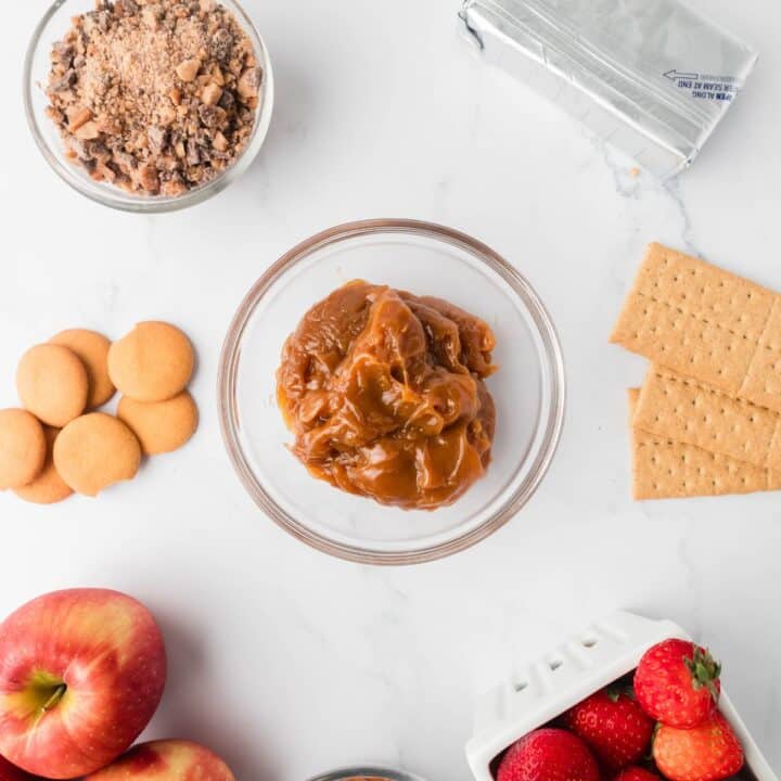 ingredients laying on a counter for caramel toffee dip