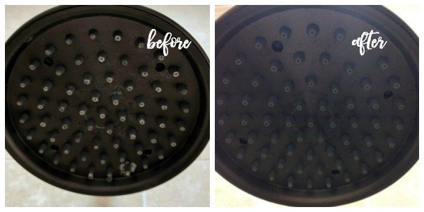 before and after of hard water deposits on shower head