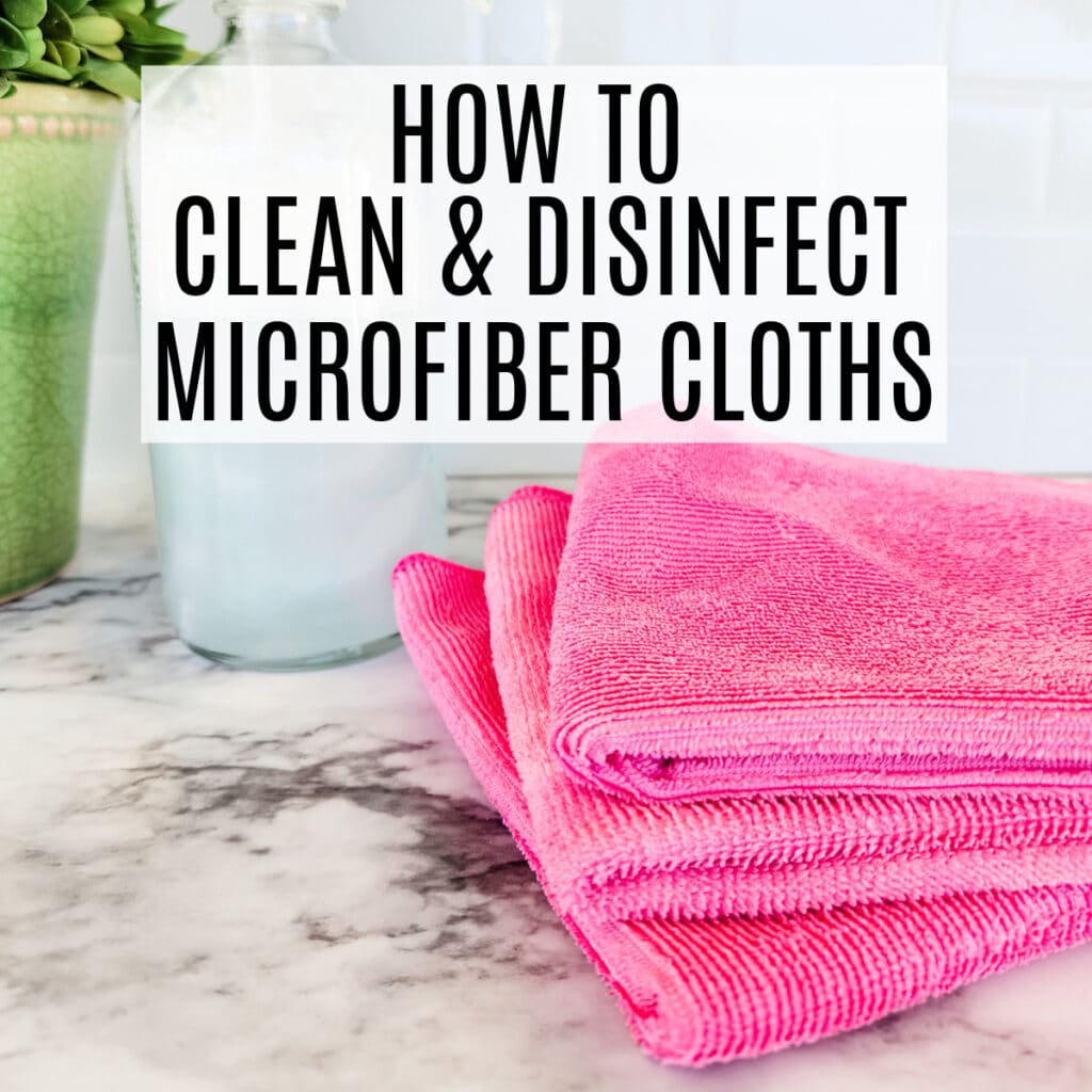 A stack of clean microfiber cloths next to a DIY cleaning solution with text overlay.