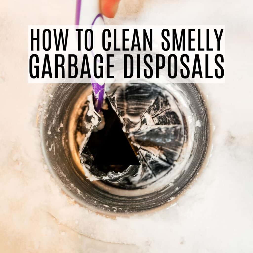 a smelly garbage disposal being cleaned with text overlay.