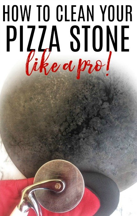 dirty pizza stone next to a cutter and oven mitt with text overlay.