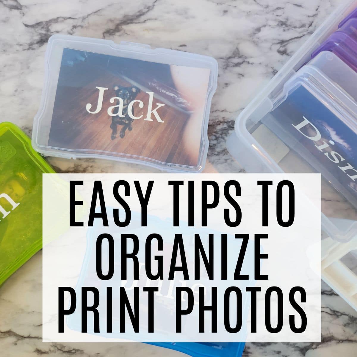 printed photos organized in plastic containers with text overlay.