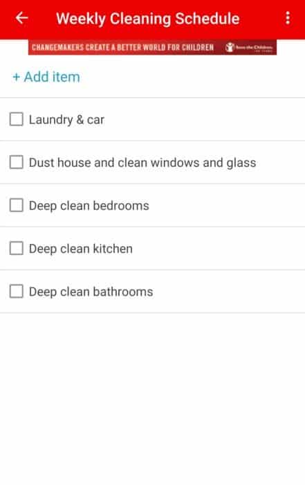 screen shot of weekly cleaning schedule app