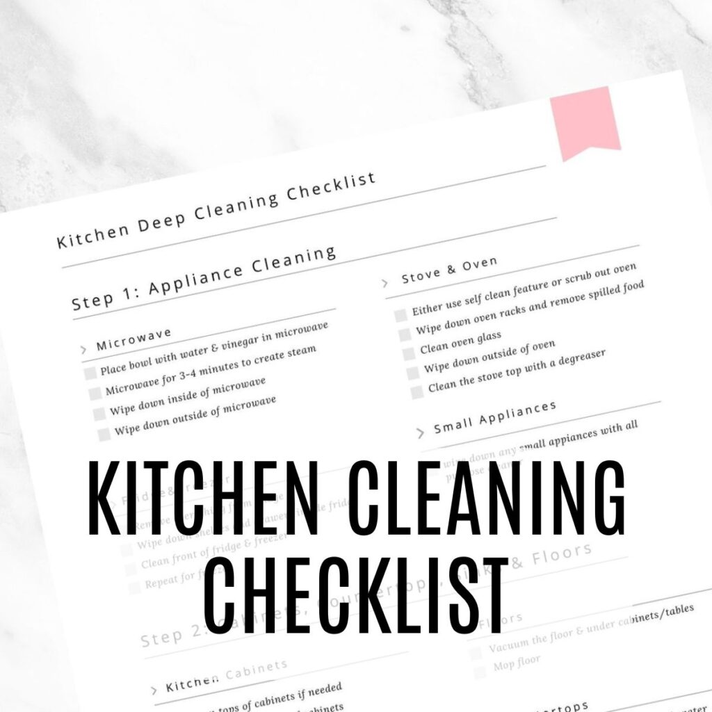 picture of kitchen cleaning checklist on marble with words