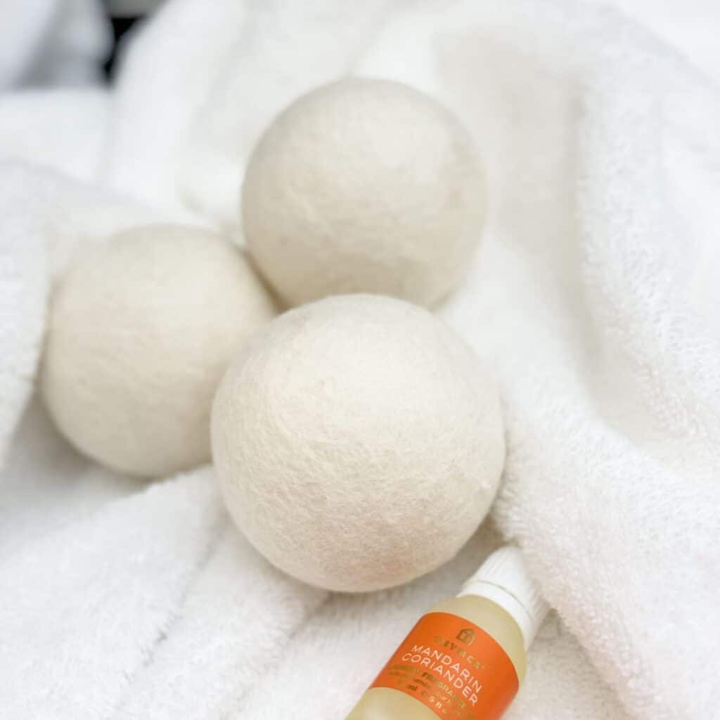 homemade wool dryer balls with a towel