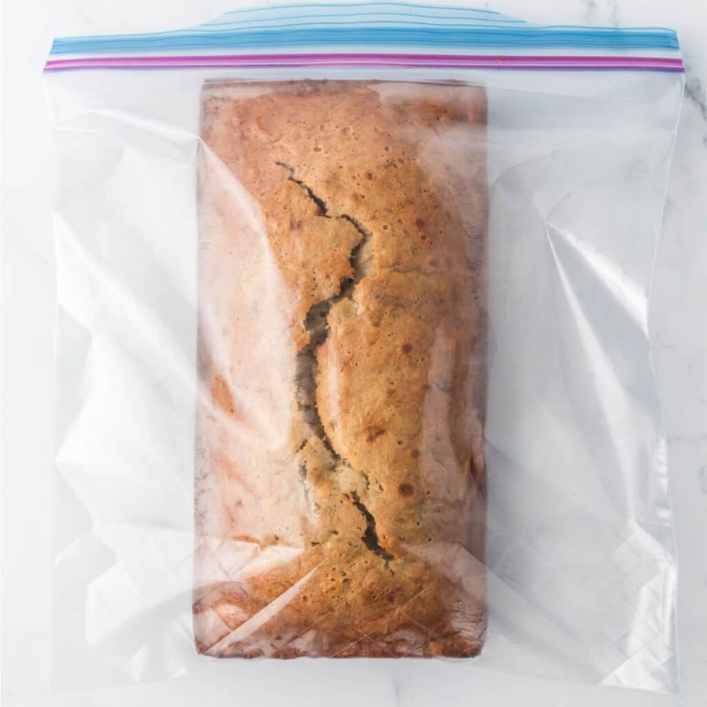 Bob evans banana bread in a ziplock bag on the counter.