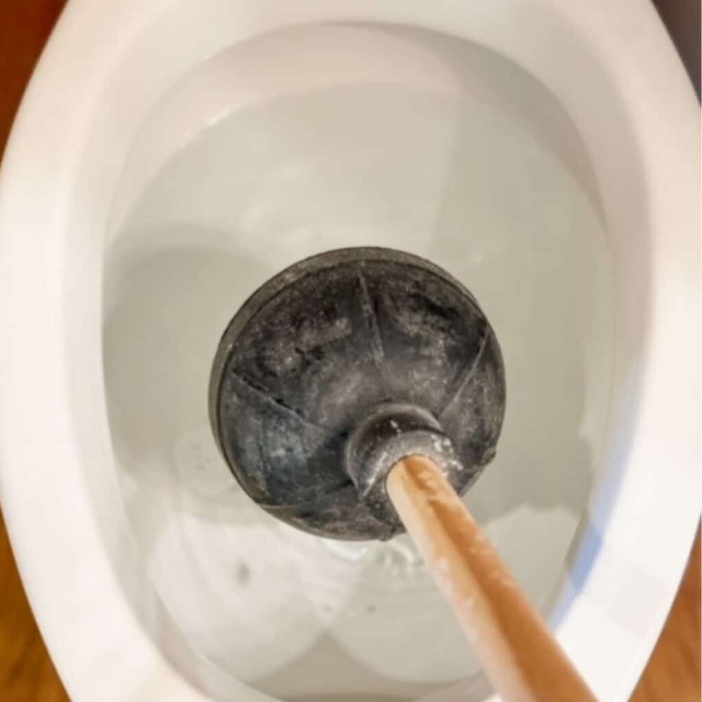 toilet bowl full of water and plunger